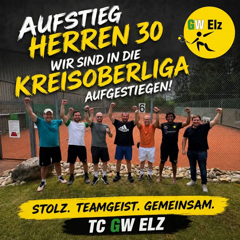 Aufstiegsgrafik der Herren 30: sieben Spieler jubeln mit erhobenen Armen vor Platz 6, dazu der Schriftzug „Wir sind in die Kreisoberliga aufgestiegen“.