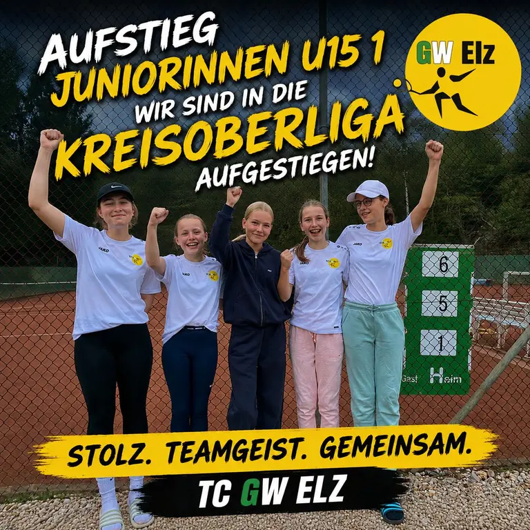 Aufstiegsgrafik der Juniorinnen U15: fünf Spielerinnen jubeln vor dem Zählbrett, dazu der Schriftzug „Wir sind in die Kreisoberliga aufgestiegen“.