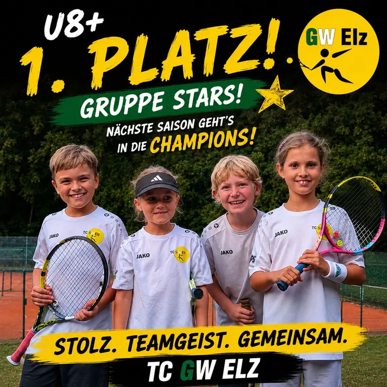 Erfolgsgrafik der U8+: vier Kinder mit Schlägern auf dem Platz, dazu der Schriftzug „1. Platz Gruppe Stars, nächste Saison geht’s in die Champions“.
