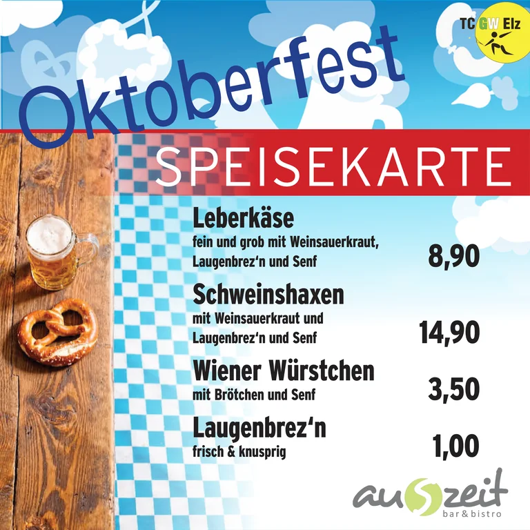 Speisekarte des Oktoberfests: Leberkäse für 8,90, Schweinshaxen für 14,90, Wiener Würstchen für 3,50 und Laugenbrezeln für 1,00 Euro, angerichtet neben einem Maßkrug auf blau-weißem Karo.